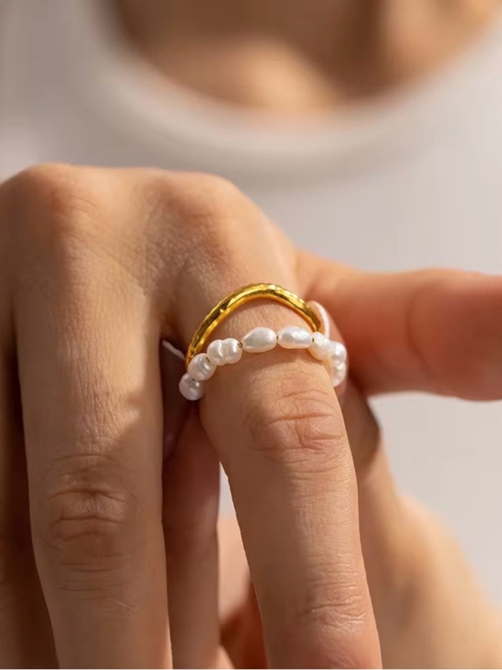 Gold Ring with delicate White Pearl Accent